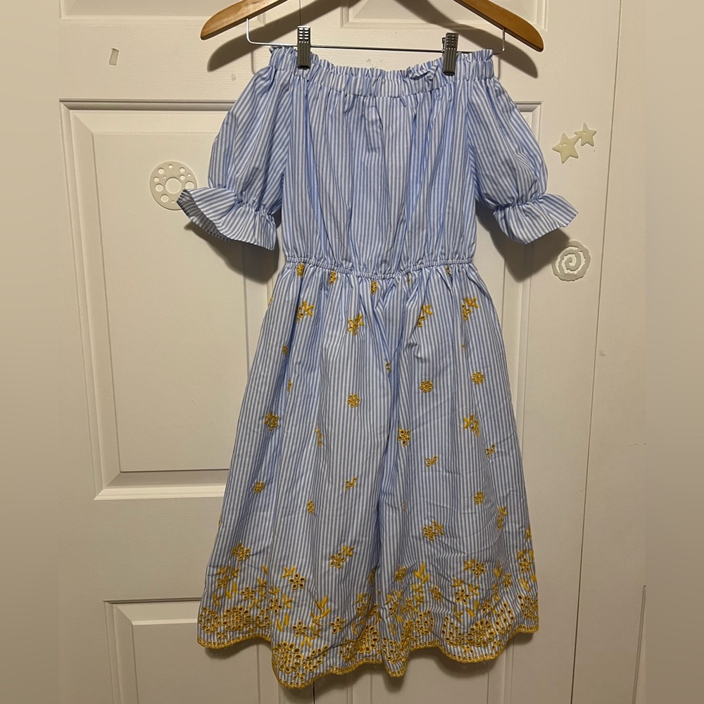 Korean Light Blue and White Striped Off Shoulder Dress